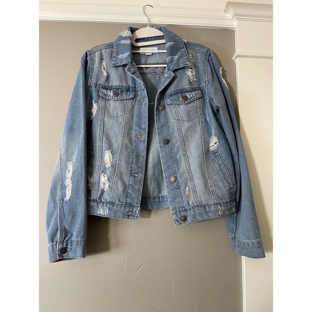 Cisono Distressed Denim Jacket Womens Small Medium Wash Trucker Jean Jacket